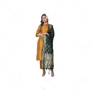VredeVogel Women's Cotton Silk Blend Straight Kurta with Trouser Pant & Banarasi Silk Dupatta